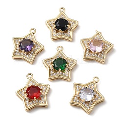 Brass with K9 Glass & Rhinestone Pendants, Light Gold, Star Charms, Mixed Color, 21x19x6.5mm, Hole: 1.8mm