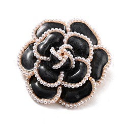 Broche en émail camélia, fleur imitation perle en alliage de zinc broche pour fille femme cadeau, or clair, noir, 50x50x24mm, pin: 0.7 mm.