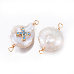 Conectores de eslabones de perlas naturales, con fornituras de latón y circonio cúbico, pepitas con cruz, dorado, cielo azul profundo, 18~27x11~16x5~12mm, agujero: 1.6~2 mm
