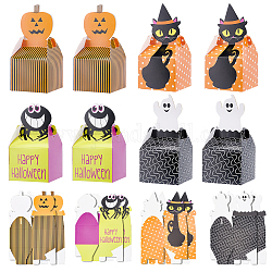 Benecreat 32pcs 4 styles boîtes à bonbons en papier sur le thème d'halloween, carré avec motif fantôme/chat/araignée/pompage, couleur mixte, 8.8x8.8x16~18.5 cm, déplié : 26.5~27.3x18.1~18.4x0.08cm, 8 pièces / style