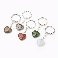 Брелок из натурального и синтетического смешанного камня, с ключом железной застежкой, сердце, платина, 70 мм, Сердце: 21~21.5x20~20.5x6 mm