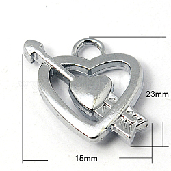 Zinc Alloy Pendants, Heart with Arrow, for Valentine's Day, Platinum, 23x15x4mm, Hole: 3.5mm