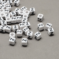 Perline europee di grandi dimensioni in acrilico, foro orizzontale, bianco & nero, cubo con lettera, letter.z, 8x8x8mm, Foro: 4 mm, circa 1144pcs/500g