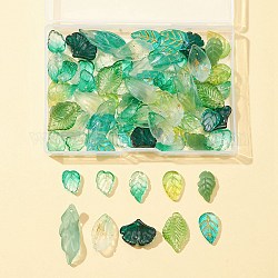 10 style pendentifs en verre transparent, avec de la poudre de paillettes, feuille, couleur mixte, 13.5~34x10~20x2.9~4.5mm, Trou: 1~1.5mm, 80 pcs / boîte