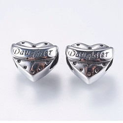 304 Stainless Steel European Beads, Large Hole Beads, Heart with Word Daughter, Antique Silver, 11.5x15x11mm, Hole: 5mm