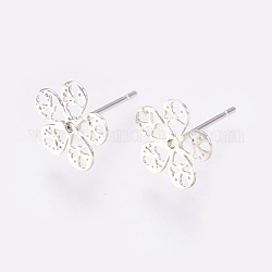 Brass Stud Earring Findings, with Loop, Flower, Real Platinum Plated, 10x10x0.8mm, Hole: 1mm, Pin: 0.7mm