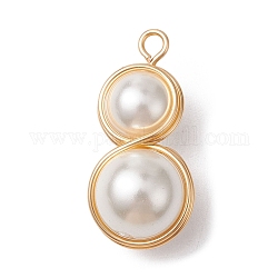 Pendenti avvolti in filo di rame con perle di conchiglia, charms rotonde, oro, 24x12x10mm, Foro: 1.8 mm