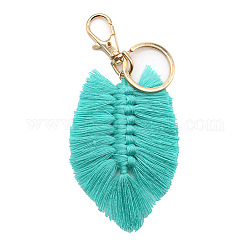 Porte-clés pompon en coton, avec accessoires en alliage plaqué or et porte-clés en fer, plume, turquoise, 13x6 cm
