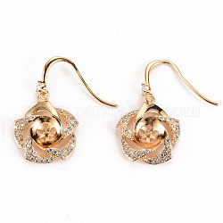 Brass Micro Pave Clear Cubic Zirconia Earring Hooks, Ear Wire, for Half Drilled Bead, Nickel Free, Flower, Real 18K Gold Plated, 27x16mm, 21 Gauge, Pin: 0.7mm, 21 Gauge, Pin: 0.7mm(for half drilled bead)