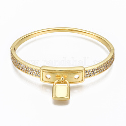 Brass Micro Pave Cubic Zirconia Bangles, Nickel Free, Padlock, Real 16K Gold Plated, Clear, Inner Diameter: 2-1/4x2 inch(5.7x5cm), 10mm
