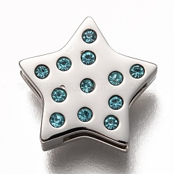 Encantos de la diapositiva de 304 acero inoxidable, con diamante de imitación, estrella, aguamarina, color acero inoxidable, 12x12x3.5mm, agujero: 8x1.5 mm