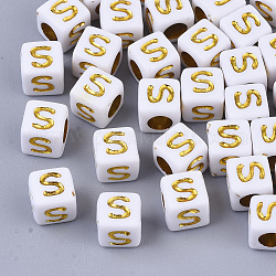 Plating Acrylic Beads, Horizontal Hole, Golden Metal Enlaced, Alphabet Style, Cube, Letter.S, 5.5~6x5.5~6x5.5~6mm, Hole: 3.5mm, about 3000pcs/500g