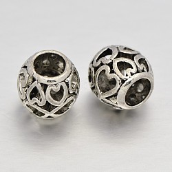Filigrane coeur alliage de rondelle perles européennes, Perles avec un grand trou   , argent antique, 10x9.5mm, Trou: 5mm