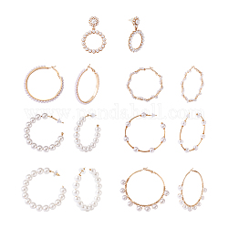 Kissitty 7 paires 7 style résine perle perlée c-forme et anneau boucles d'oreilles pendantes, grandes boucles d'oreilles en alliage pour femmes, or, 46~74x4.5~10mm, pin: 0.6~0.8 mm, 1 paire / style