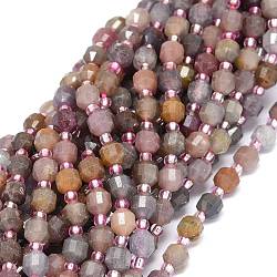Natural Ruby Beads Strands, with Seed Beads, Faceted, Bicone, Double Terminated Point Prism Beads, 5~7x6mm, Hole: 0.8mm, about 48pcs/strand, 15.55 inch(39.5cm)