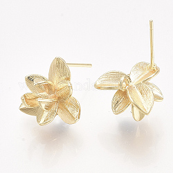 Brass Stud Earring Findings, with Loop, Real 18K Gold Plated, Nickel Free, Flower, 13.5x15mm, Hole: 1.4mm, Pin: 0.8mm