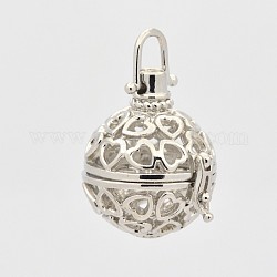 Filigree Heart Round Brass Cage Pendants, For Chime Ball Pendant Necklaces Making, Platinum, 36mm, 30x28x22mm, Hole: 6x6mm, 19mm inner diameter