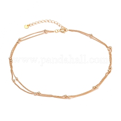 Brass Curb Chains Double Layer Necklaces, with Heart 304 Stainless Steel Charms, Brass Round Beads and Spring Ring Clasps, Real 18K Gold Plated, 13.97 inch(35.5cm), 1.3~2.6mm