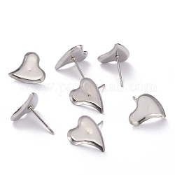 304 Stainless Steel Stud Earring Settings, Heart, Stainless Steel Color, 12x11x2mm, Tray: 9x8mm, Pin: 0.8mm