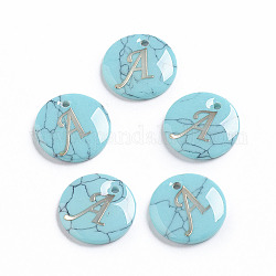 Synthetic Turquoise Charms, with Plastic Letter, Flat Round, Letter.A, 15x2mm, Hole: 1.5mm