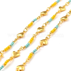 Brass Handmade Glass Bead Chains, with Spool, Soldered, Long-Lasting Plated, Golden, 10x6x1.5mm