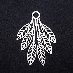 201 Stainless Steel Pendants, Filigree Joiners Findings, Laser Cut, Leaf, Stainless Steel Color, 49x35.5x1mm, Hole: 5mm