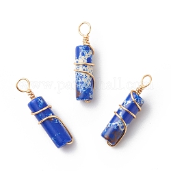 Natural Imperial Jasper Pendants, with Golden Tone Copper Wire Wrapped, Column Charm, Dyed, 18.5~20x5~5.5mm, Hole: 2.5mm