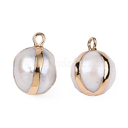 Pendentifs de perle keshi perle baroque naturelle galvanoplastie, perle de culture d'eau douce, avec les accessoires en fer, charme ovale, or clair, 15~17x11.5~12.5x11.5~12.5mm, trou: 1.8 mm et 0.7 mm