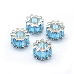 Zircone cubique perles européennes, Perles avec un grand trou   , avec les accessoires en laiton, colonne, platine, bleu profond du ciel, 10.5x6.5mm, Trou: 5.5mm