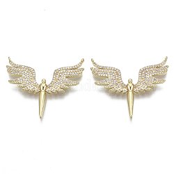 Brass Micro Pave Cubic Zirconia Pendants, Nickel Free, Angel, Real 16K Gold Plated, Clear, 31x37x3mm, Hole: 1mm