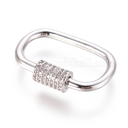 Brass Micro Pave Cubic Zirconia Screw Carabiner Lock Charms, for Necklaces Making, Oval, Clear, Platinum, 26.5x17~17.5mm