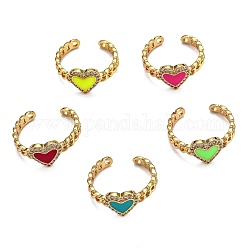 Brass Micro Pave Clear Cubic Zirconia Cuff Rings, Open Rings, with Enamel, Heart with Curb Chains, Real 18K Gold Plated, Mixed Color, US Size 8(18.1mm)