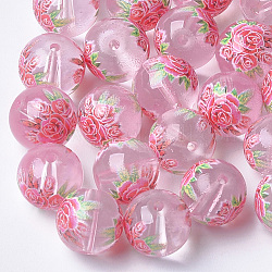 Печатные и окрашенные прозрачные стеклянные шарики, круглые с цветочным узором, розовые, 8~8.5x7.5 мм, отверстие : 1.4 мм