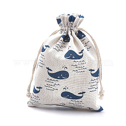 ポリコットン（ポリエステルコットン）パッキングポーチ巾着袋  印刷された鯨形  スチールブルー  18x13cm