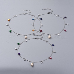 Кулон ожерелья из ракушек, с окрашенными бусинами-ракушками, пластиковые жемчужные бисера, 304 подвески нержавеющей стали, кабельная цепь и застежка омара, разноцветные, 16.18 дюйм (41.1 см)
