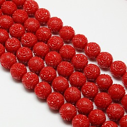 Chapelets de perles en corail synthétique, teinte, perles rondes sculpté de fleurs rose, rouge, 12mm, Trou: 1mm, Environ 33 pcs/chapelet, 15.74 pouce