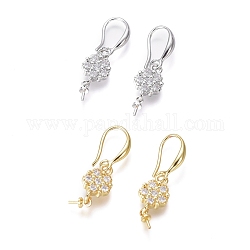 Brass Micro Pave Cubic Zirconia Earring Hooks, Ear Wire, For Half-drilled Bead, Clear, Flower, Mixed Color, 32mm, Pin: 1mm