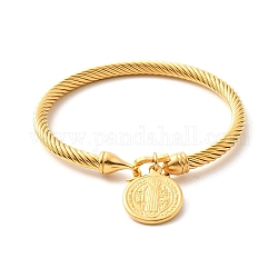 Placcatura ionica (ip) 304 braccialetto in corda attorcigliata con ciondoli saint benedict in acciaio inossidabile per donna, oro, diametro interno: 2-3/8 pollice (6 cm)
