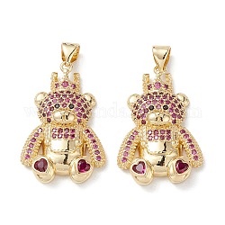 Brass Micro Pave Cubic Zirconia Pendants, Real 16K Gold Plated, Bear Charms, Medium Violet Red, 28x18x5.5mm, Hole: 5x3mm