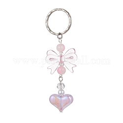 Акриловое сердце с брелоками в виде банта, со стеклянными бусинами и железным замком-брелком, розовые, 9.4 см