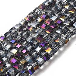 Chapelets de perles en verre électroplaqué, demi-plaqué, cube à facettes, violet, 4x4x4mm, Trou: 1mm, Environ 100 pcs/chapelet, 16.9 pouce