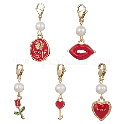 5 Uds. Decoraciones colgantes esmaltadas de aleación para el Día de San Valentín, Cuentas de perlas y 304 cierre de mosquetón de acero inoxidable., corazón/rosa/labio/llave, rojo, 35~43mm