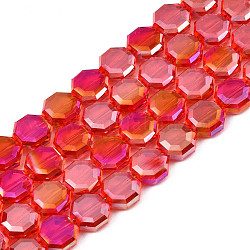 Electroplate transparentes abalorios de vidrio hebras, color de ab chapado, facetados, octágono, rojo, 7~8x7~8x4mm, agujero: 1.2 mm, aproximamente 72 pcs / cadena, 20.47 pulgada (52 cm)