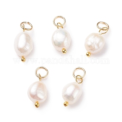 Grade B Natural Cultured Freshwater Pearl Charms, with 304 Stainless Steel Jump Rings, Polished Rice, Golden, 13.5~15x7~7.5x5~6mm, Hole: 3.6mm
