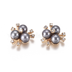 Cabochons en alliage, avec strass en cristal et perle d'imitation acrylique, fleur, or clair, grises , 19~20x21~22x10mm