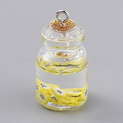 Decorazioni ciondolo bottiglia dei desideri in vetro trasparente, con resina e caramelle di plastica all'interno, tappo di sughero, giallo, 29x15mm, Foro: 2 mm