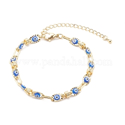 Bracelets chaînes à maillons en laiton plaqué or, avec des perles de verre mauvais œil, Dodger bleu, 7-1/8 pouce (18 cm)