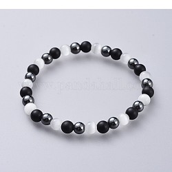 Cat Eye Stretch Bracelets, with Natural Black Agate(Dyed) Beads and Non-Magnetic Synthetic Hematite Beads, White, 2-1/4 inch(5.7cm)