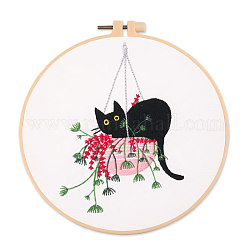 猫と植物の模様のDIY刺繍キット  プリントコットン生地を含む  刺繍糸と針  模造竹刺繍フープ  ピンク  フープ：220x200mm