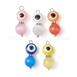 Colgantes de resina de mal de ojo, Amuletos de ojo de la suerte con cuentas redondas de ojo de gato y cuentas de aleación en tono plateado antiguo, color mezclado, 24x10x6mm, agujero: 2.2 mm